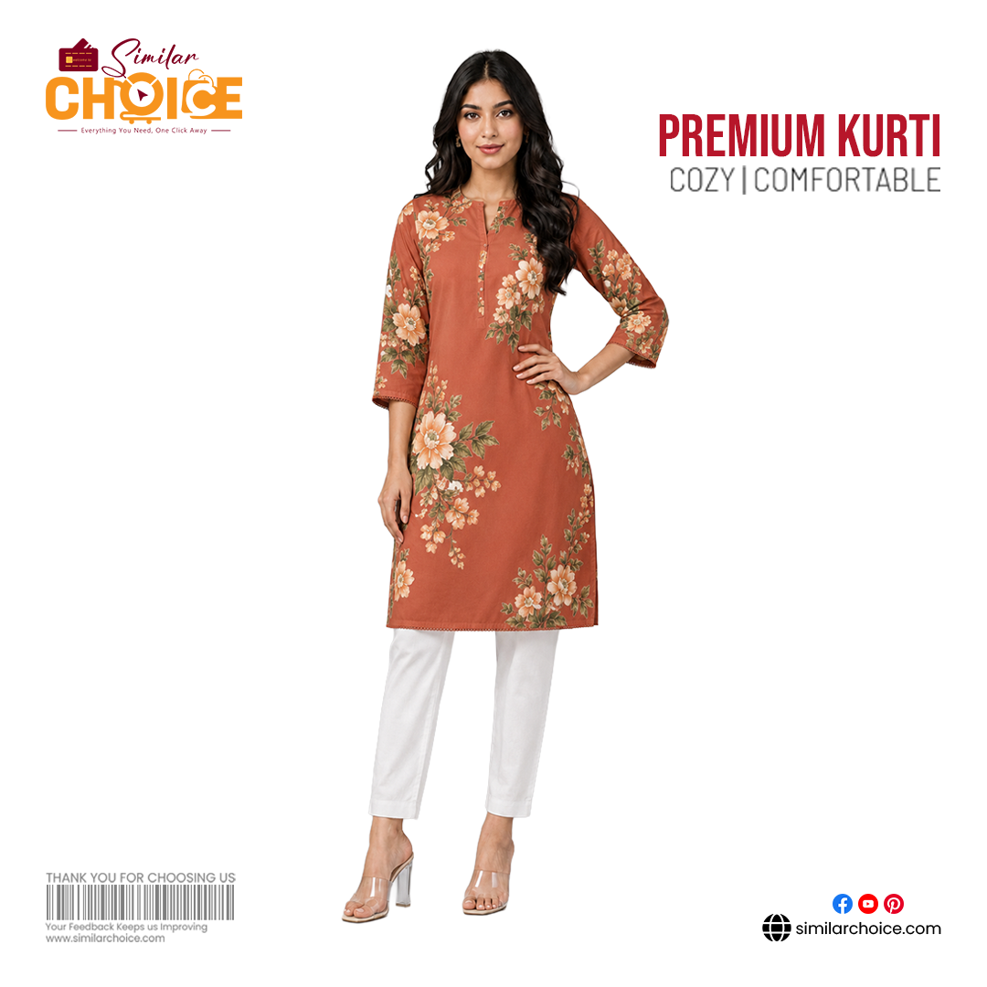 Women's Essential Premium Printed Kurti – Terracotta Floral