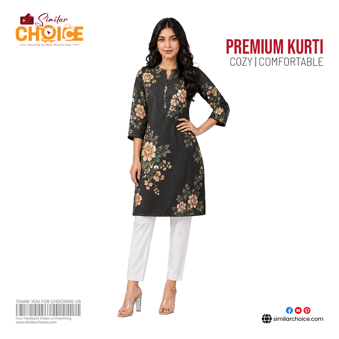 Women's Essential Premium Printed Kurti – Charcoal Floral