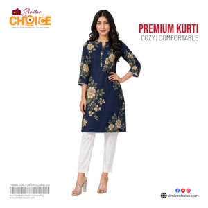Women's Essential Premium Printed Kurti – Deep Navy Blue