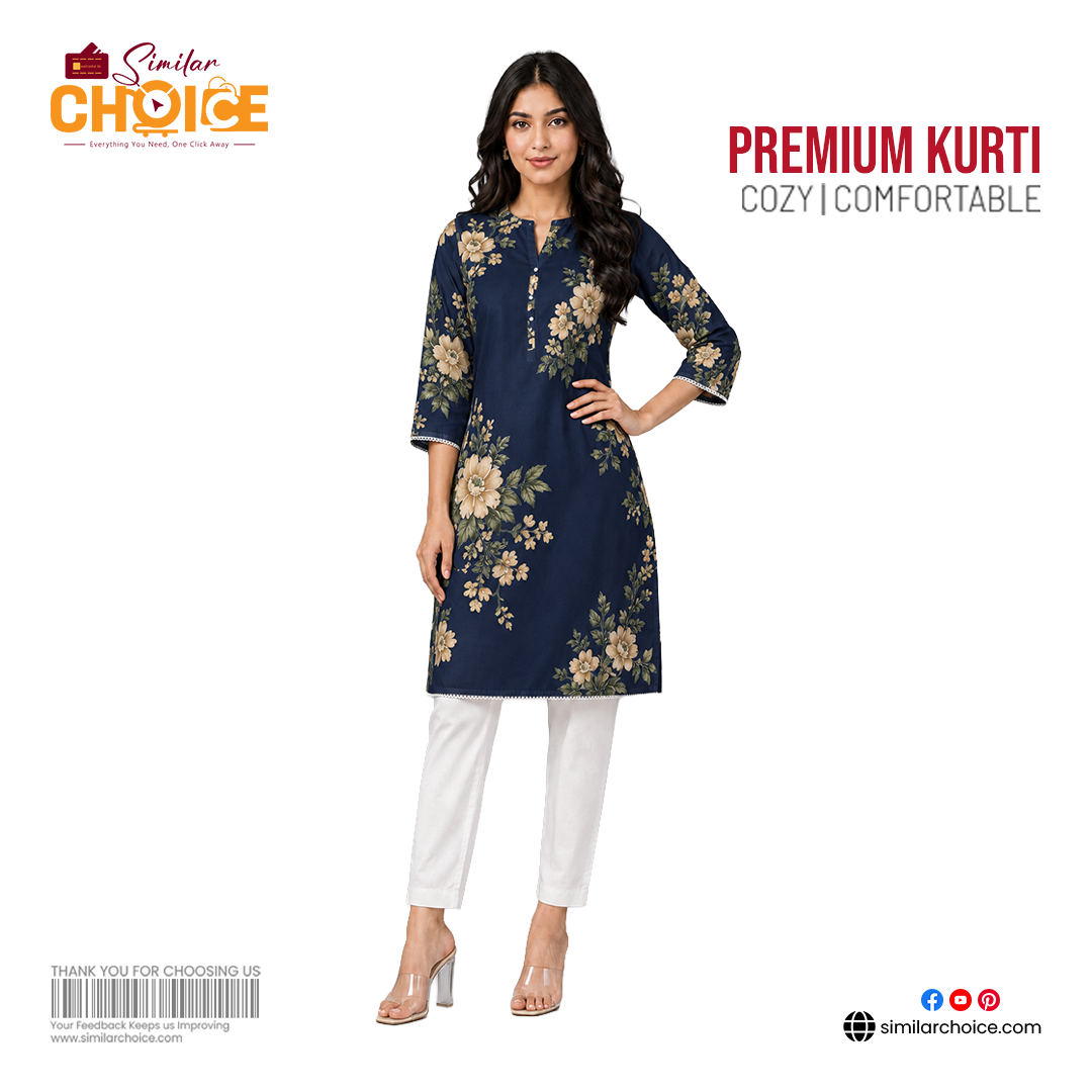 Women's Essential Premium Printed Kurti – Deep Navy Blue