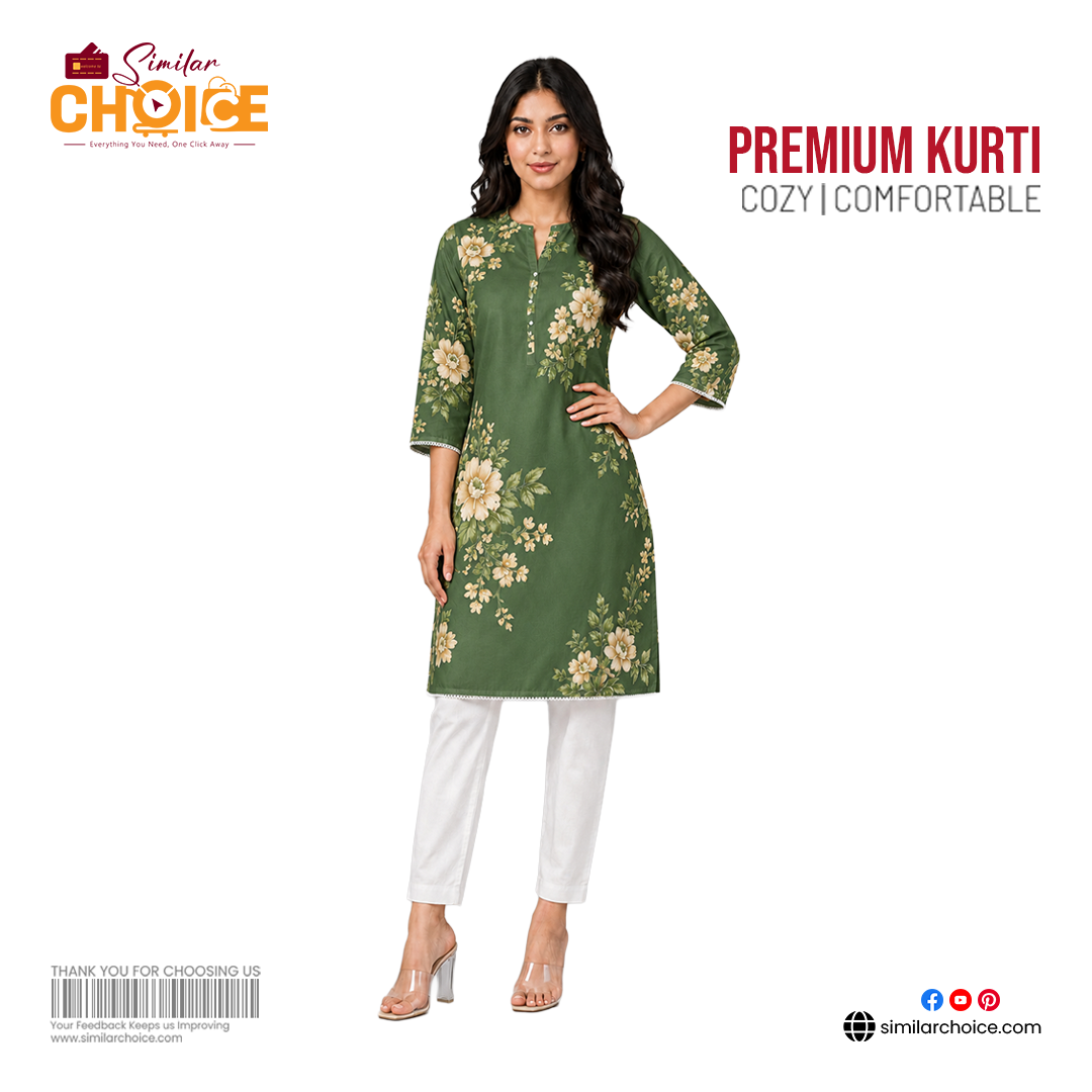 Women's Essential Premium Printed Kurti – Olive Green