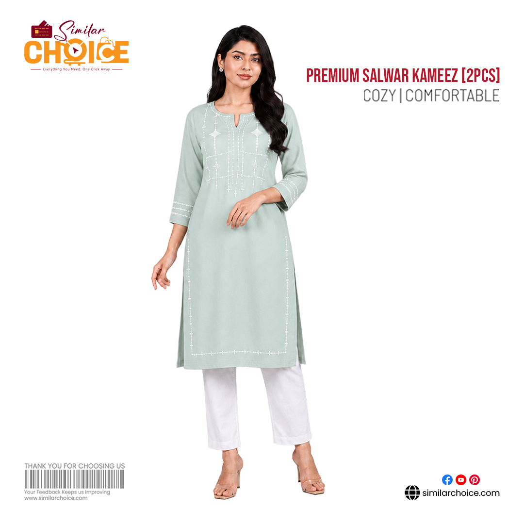 Women's Essential Premium Embroidered Salwar Kameez (2 Pcs) – Light Sage Green