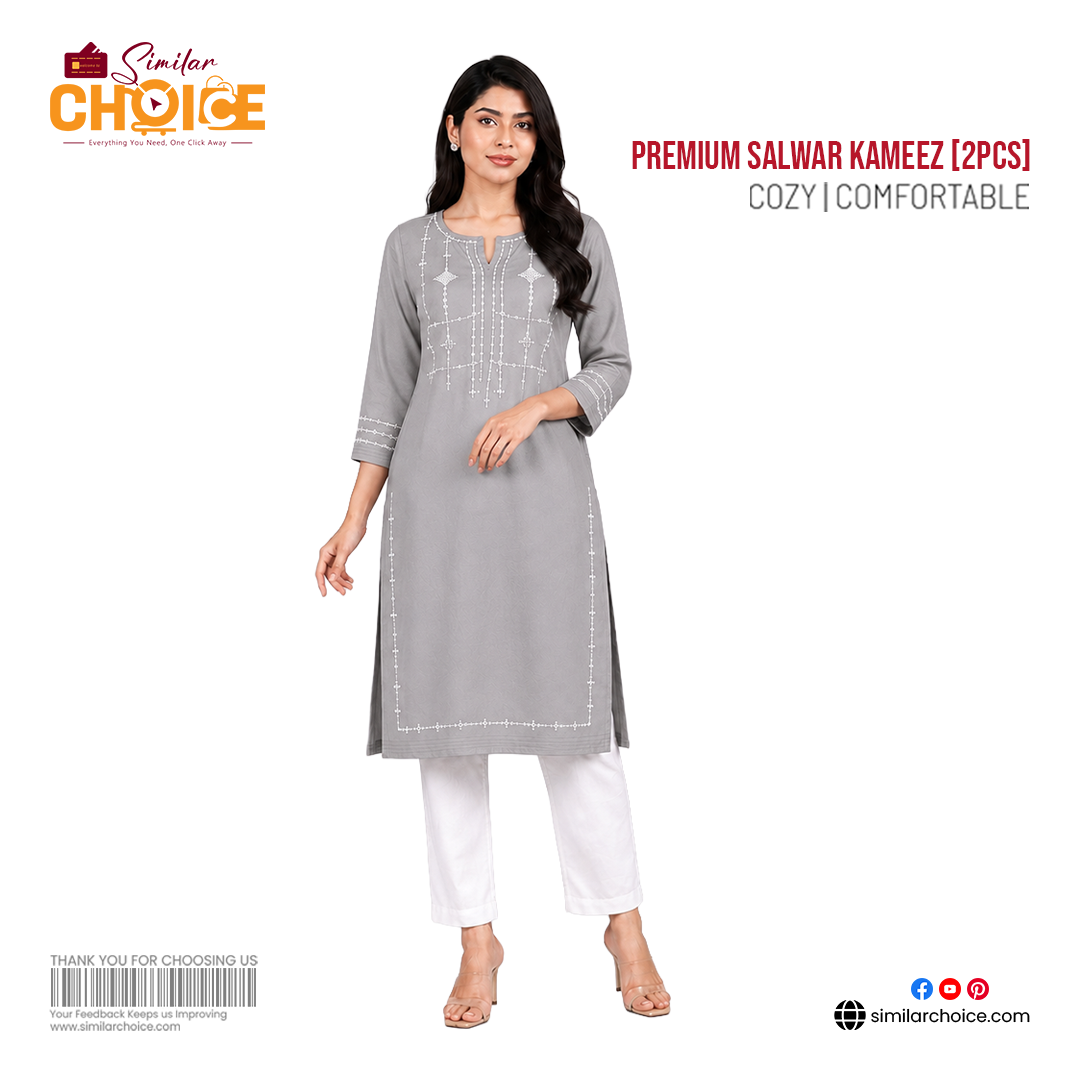 Women's Essential Premium Embroidered Salwar Kameez (2 Pcs) – Light Pearl Grey