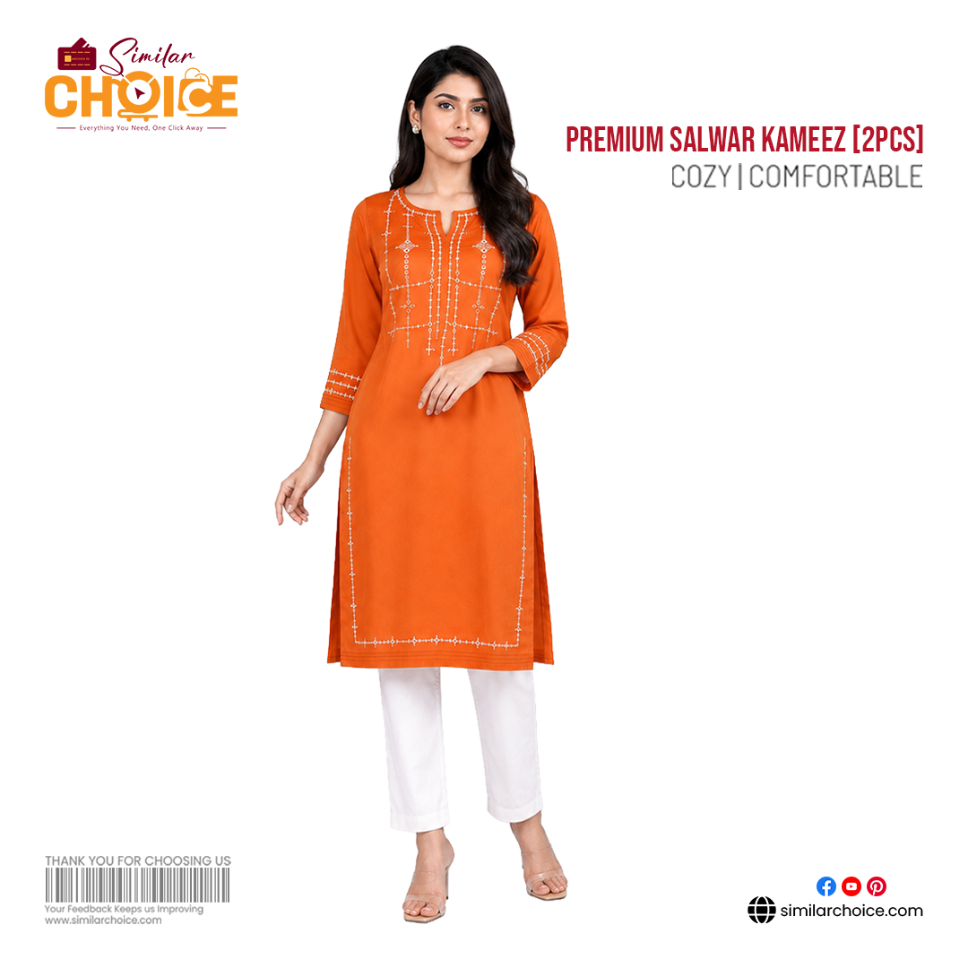 Women's Essential Premium Embroidered Salwar Kameez (2 Pcs) – Burnt Orange