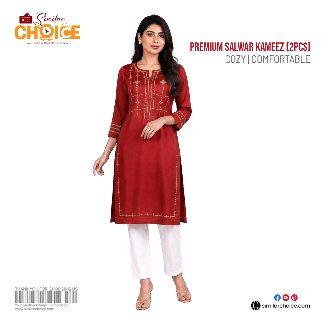 Women's Essential Premium Embroidered Salwar Kameez (2 Pcs) – Deep Maroon