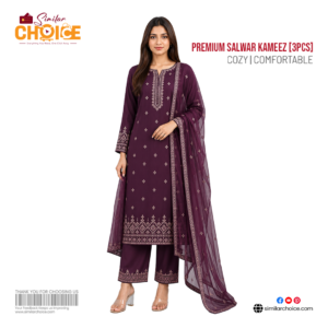Women's Essential Premium Embroidered Salwar Kameez (3pcs) – Deep Plum