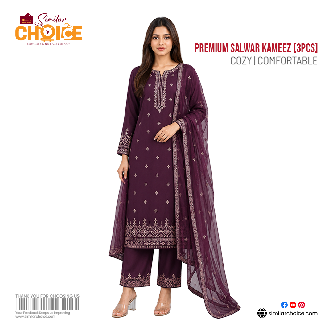 Women's Essential Premium Embroidered Salwar Kameez (3pcs) – Deep Plum