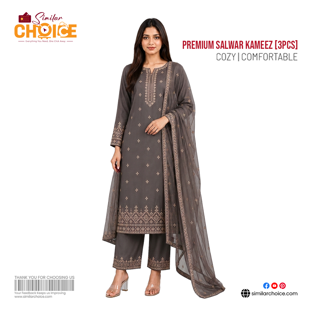 Women's Essential Premium Embroidered Salwar Kameez (3pcs) – Dark Ash