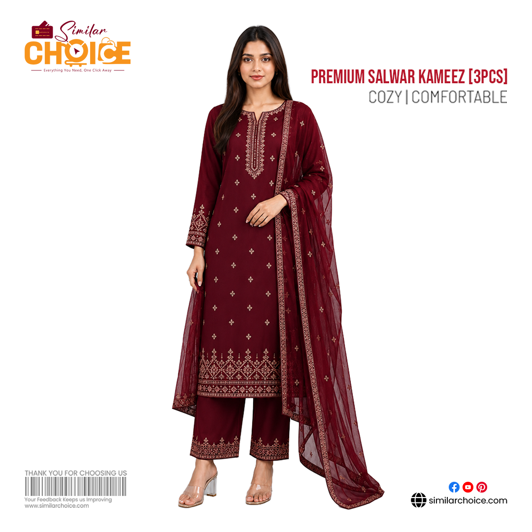 Women's Essential Premium Embroidered Salwar Kameez (3pcs) – Maroon