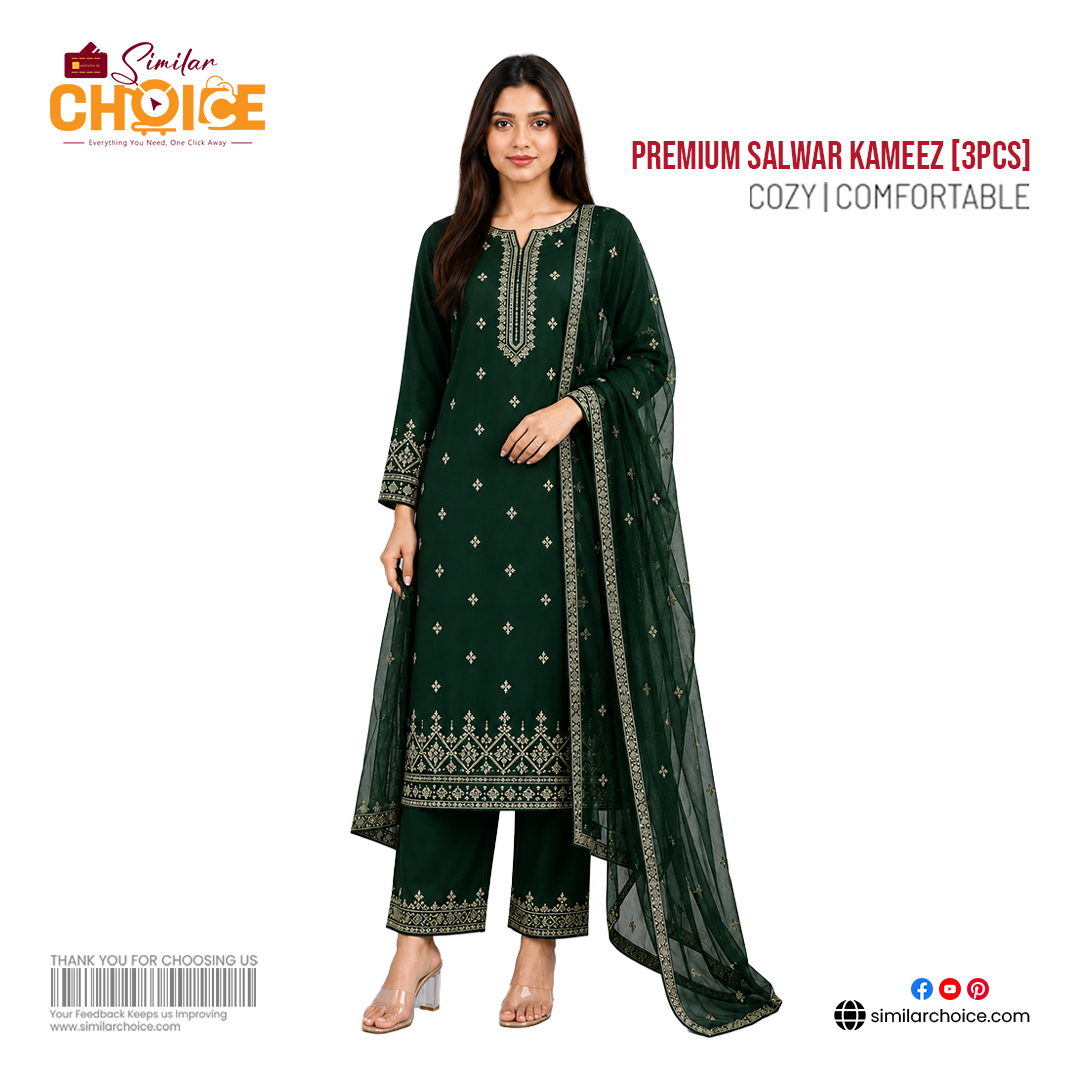 Women's Essential Premium Embroidered Salwar Kameez (3pcs) – Deep Emerald Green