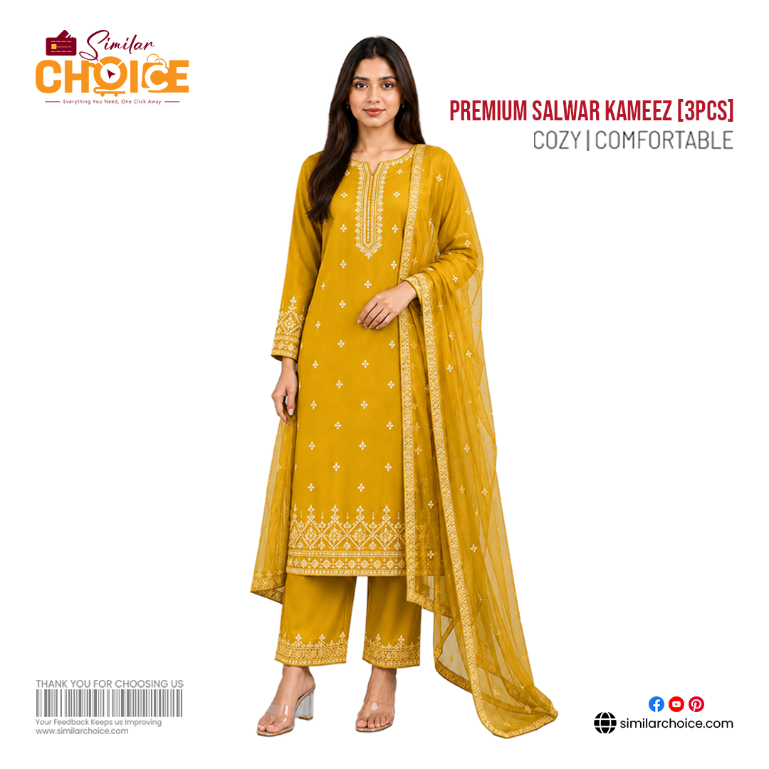 Women's Essential Premium Embroidered Salwar Kameez (3pcs) – Mustard Yellow