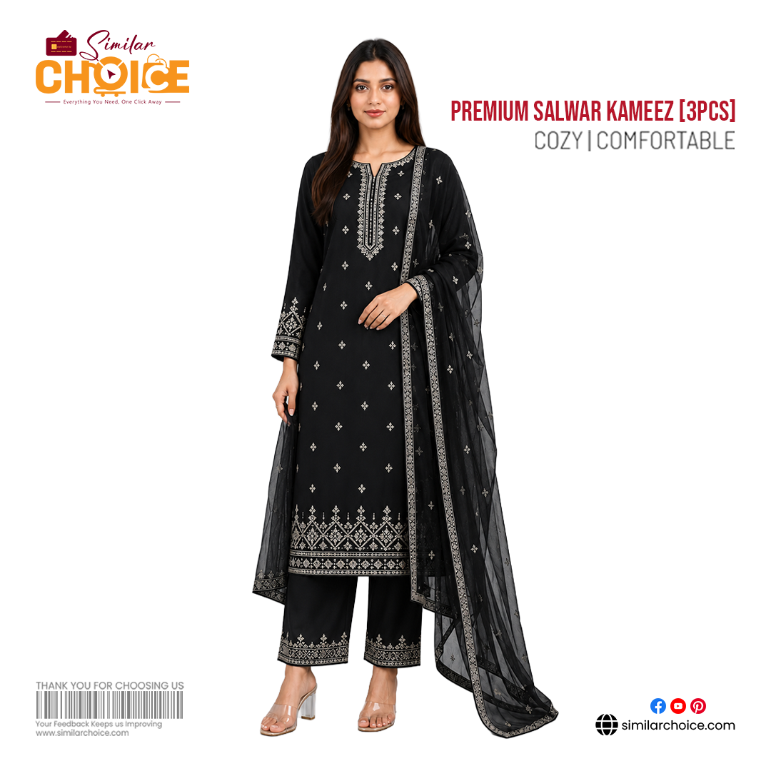 Women's Essential Premium Embroidered Salwar Kameez (3pcs) – Black