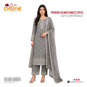 Women's Essential Premium Embroidered Salwar Kameez (3pcs) – Grey