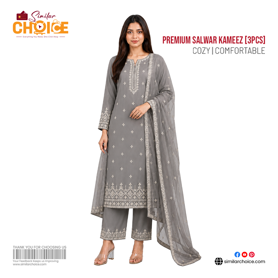 Women's Essential Premium Embroidered Salwar Kameez (3pcs) – Grey
