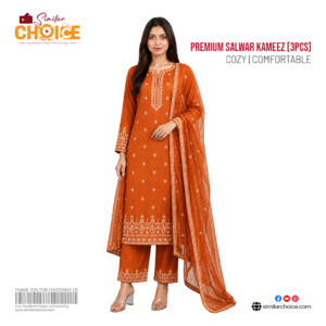 Women's Essential Premium Embroidered Salwar Kameez (3pcs) – Rust Orange