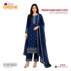 Women's Essential Premium Embroidered Salwar Kameez (3pcs) – Navy Blue
