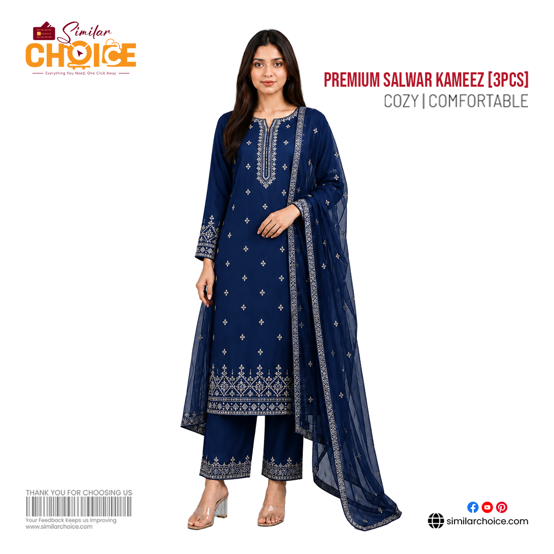 Women's Essential Premium Embroidered Salwar Kameez (3pcs) – Navy Blue