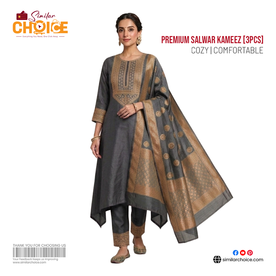 Women's Essential Premium Katan Salwar Kameez (3pcs) –  Charcoal Grey